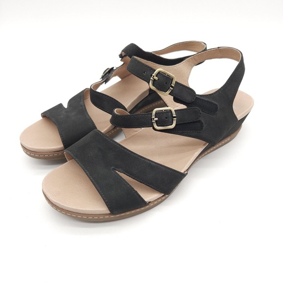Dansko (Womens EU 41) Angela Sandal Black Nubuck Leather Strappy Wedge Open Toe - Picture 1 of 7